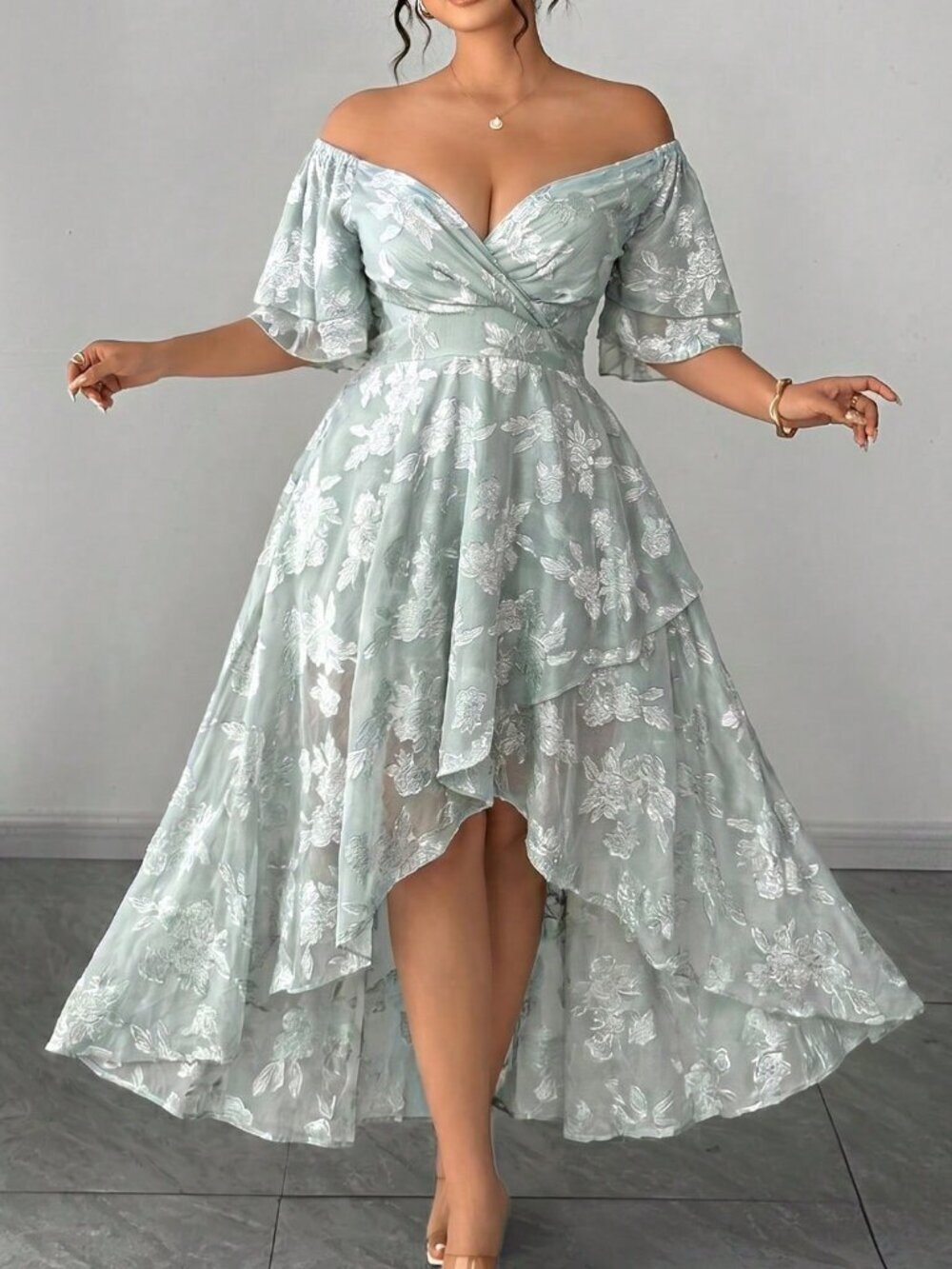 Mint Green Elegant Off-Shoulder Women's Plus Size Lace hi low Dress